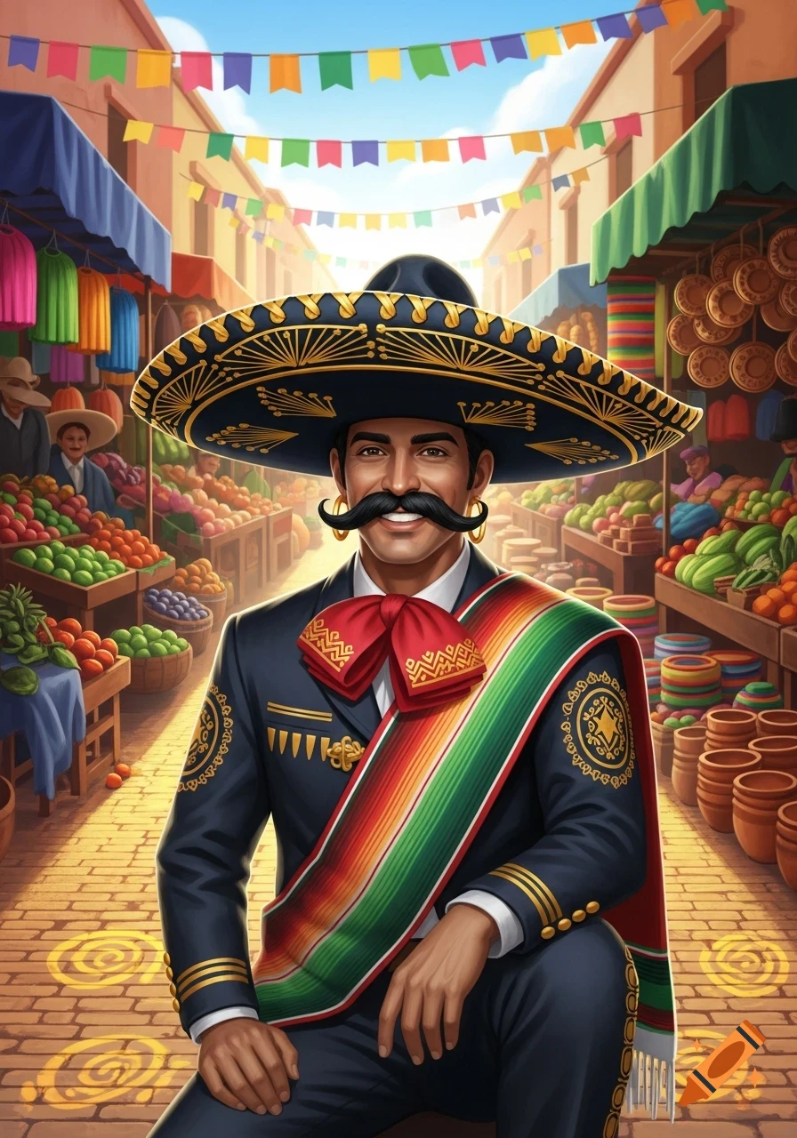 A smiling man with a large sombrero, charro suit, and serape in a vibrant Mexican market with colorful banners.