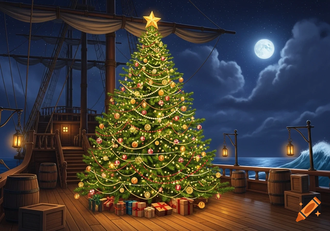 A brightly lit Christmas tree with presents on the deck of a pirate ship under a full moon at night, with ocean waves in the background.