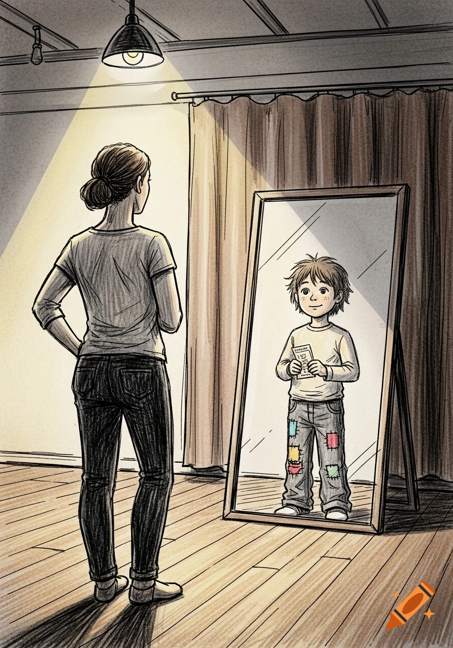 Crayon sketch of a woman facing a mirror, seeing her reflection as a hopeful boy holding a ticket stub.