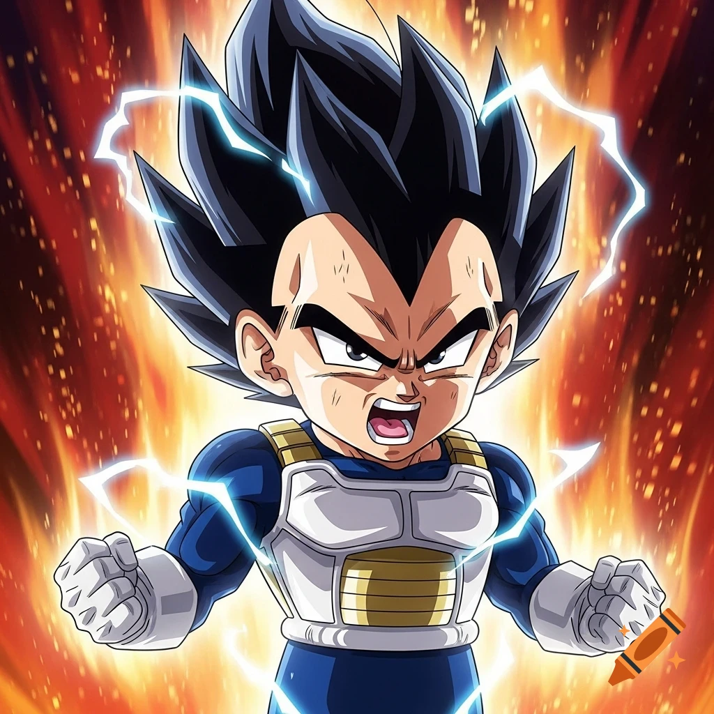Chibi Vegeta, an anime character, shouts with blue electrical energy around him against a fiery red background.