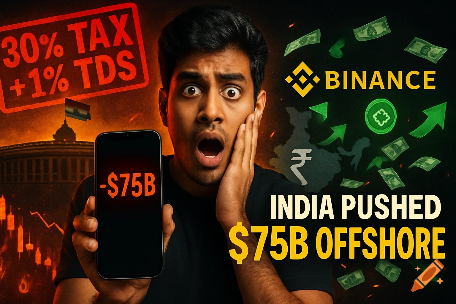 A shocked man holds a phone displaying '-$75B' loss, surrounded by text about '30% TAX + 1% TDS', Binance logo, and 'India Pushed $75B Offshore' on a dramatic background.