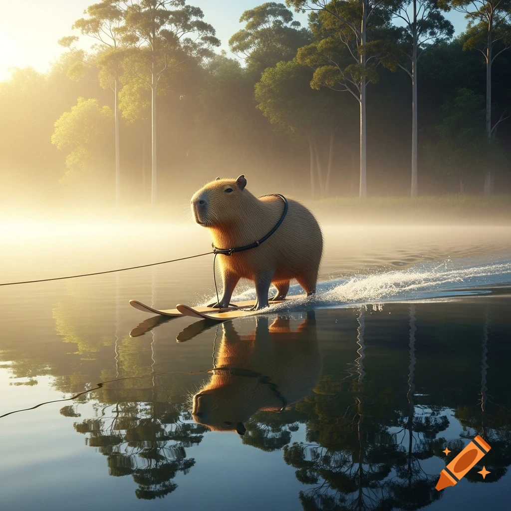 A photorealistic capybara water-skis across a misty lake at sunrise, creating a wake with reflections of trees.