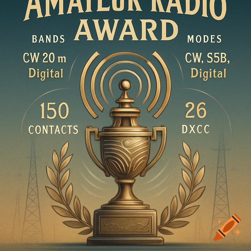 A stylized gold amateur radio award trophy with a radio signal emblem on top, flanked by text listing bands and modes, and numbers for contacts and DXCC, against a gradient background with faint power lines.