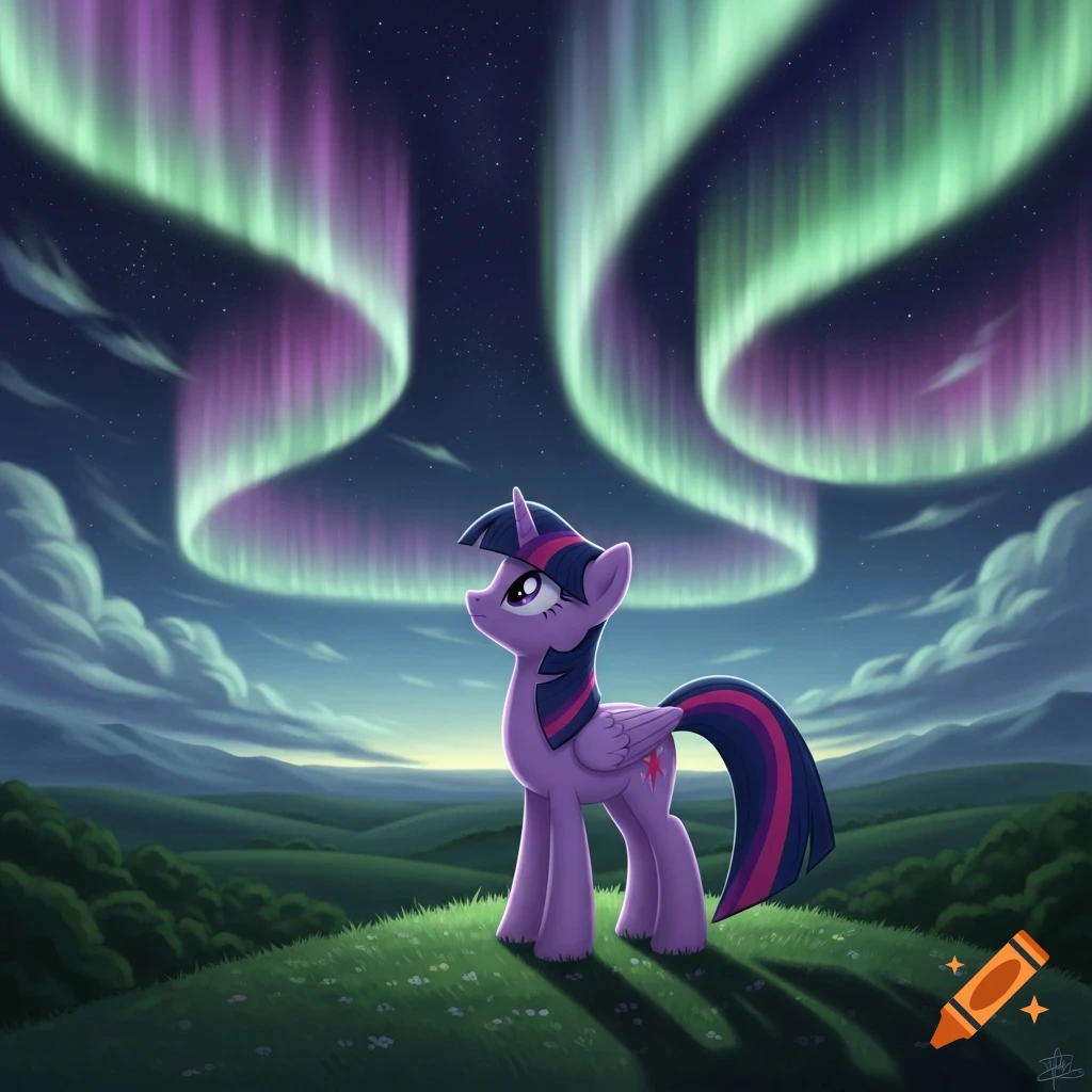 Purple alicorn pony Twilight Sparkle looks up at a vibrant green and purple aurora borealis over a grassy hill at night, illustrated.