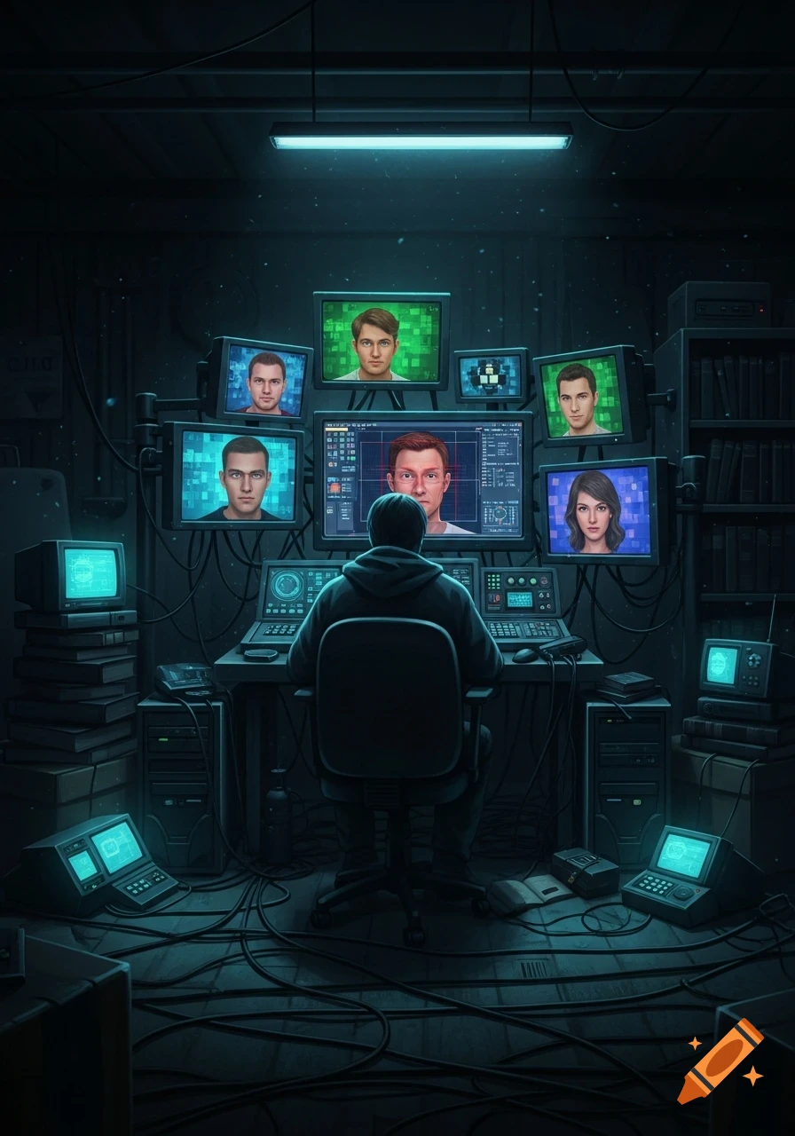 A person in a dark room sits at a desk, looking at multiple computer screens displaying various faces, surrounded by wires and retro tech.