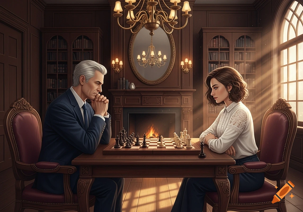 A man and a woman deeply engrossed in a game of chess within an elegant, wood-paneled study with a fireplace and sunlit window.