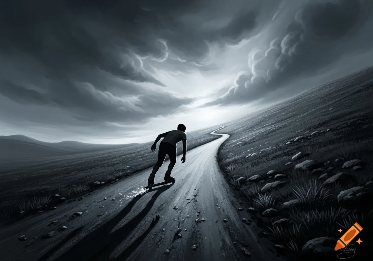 A lone figure skates uphill on a winding road through a gloomy, monochromatic landscape under heavy, dark clouds.