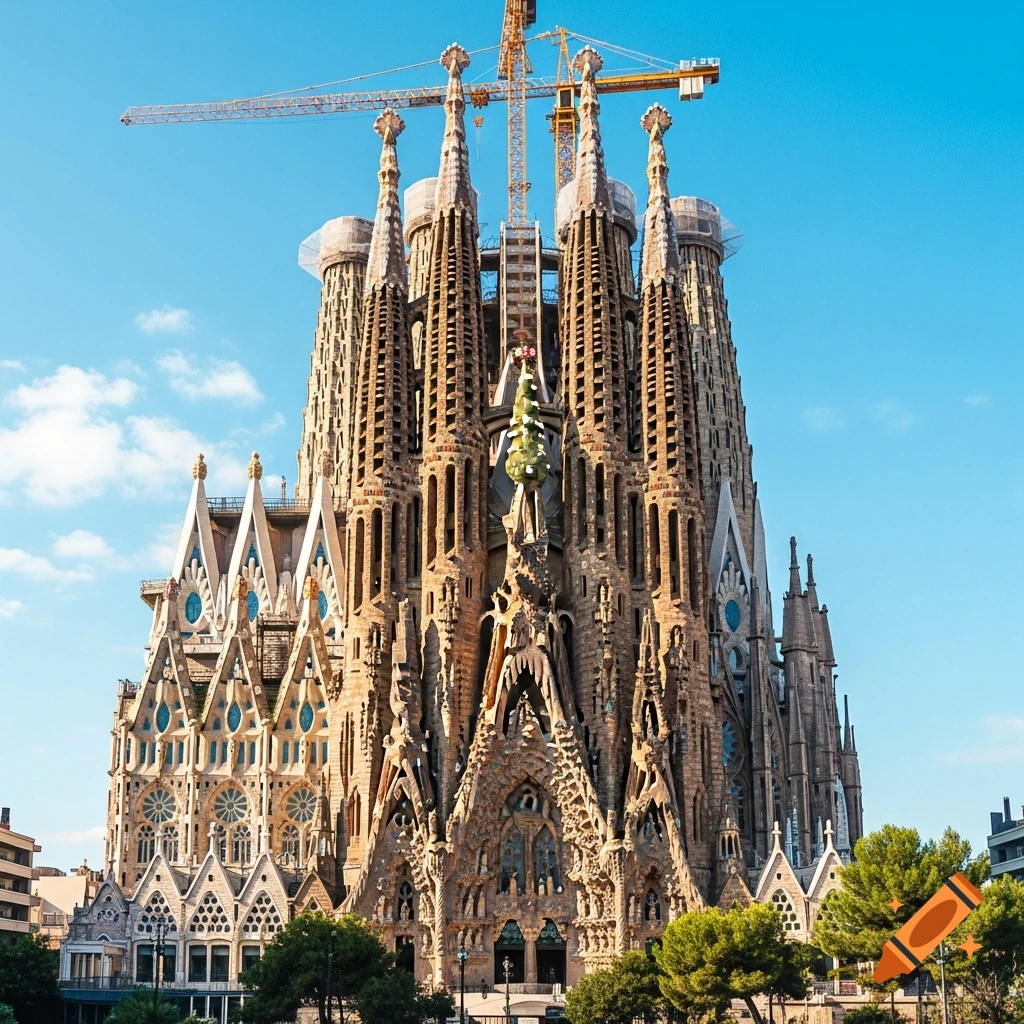 A photorealistic image of the Sagrada Familia basilica in Barcelona, featuring its intricate facades and spires, under a clear blue sky with construction cranes.