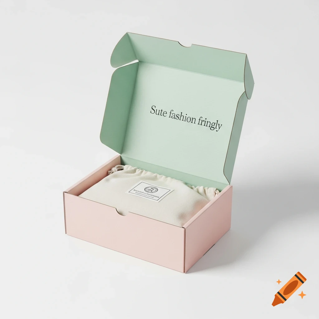 An open pastel pink and green box with 'Sute fashion fringly' on the lid, containing a beige fabric dust bag with a label.