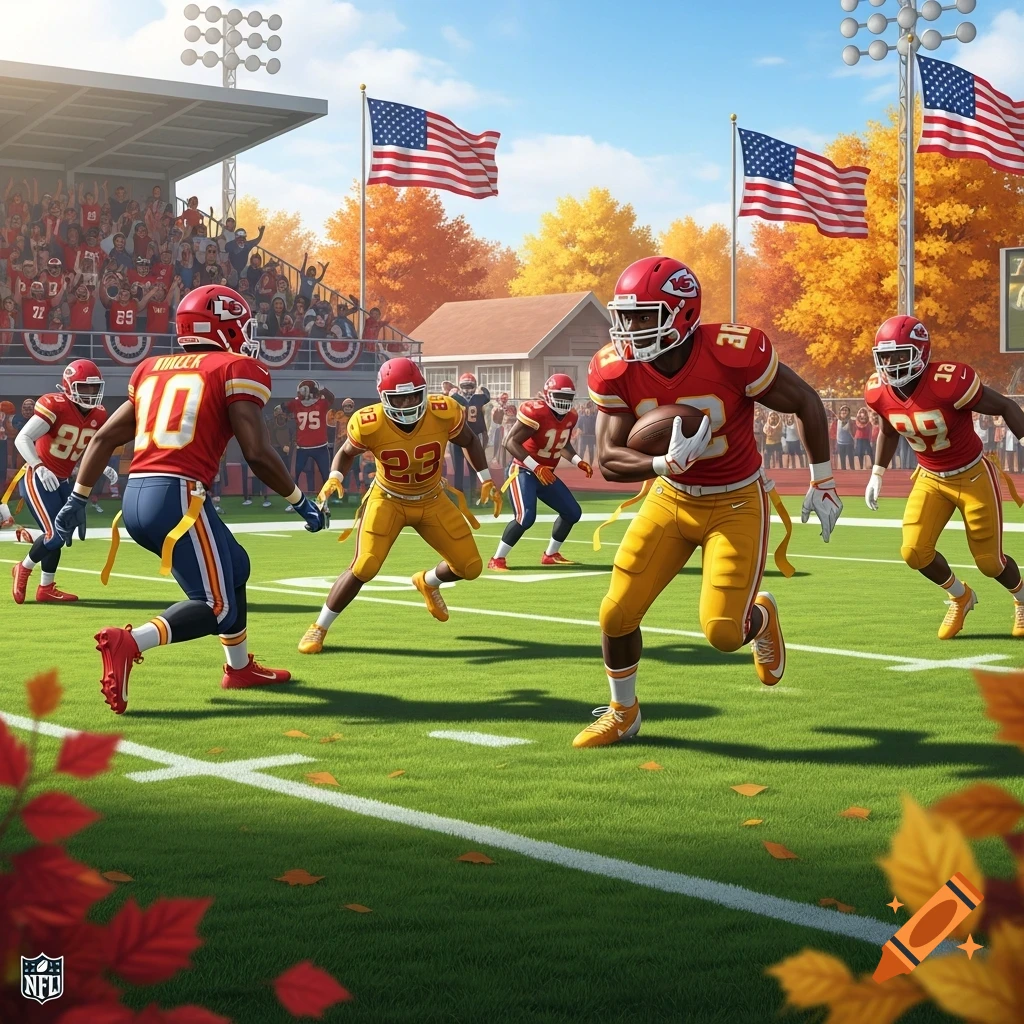 A Kansas City Chiefs flag football game with players in red and yellow jerseys running on a green field under a blue sky, with American flags and autumn trees in the background.