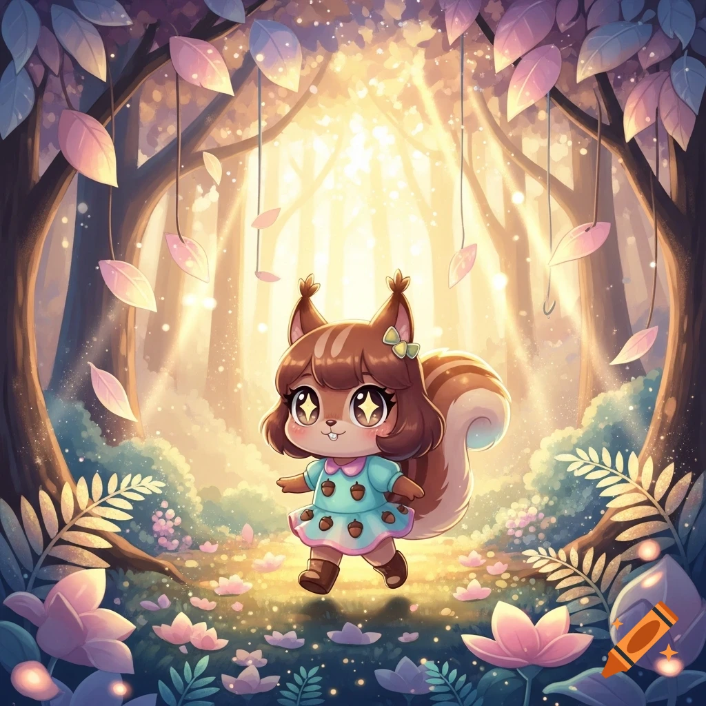 A cute chibi squirrel girl with large eyes roams a magical, glittery forest bathed in dawn light, surrounded by pink flowers and glowing leaves.