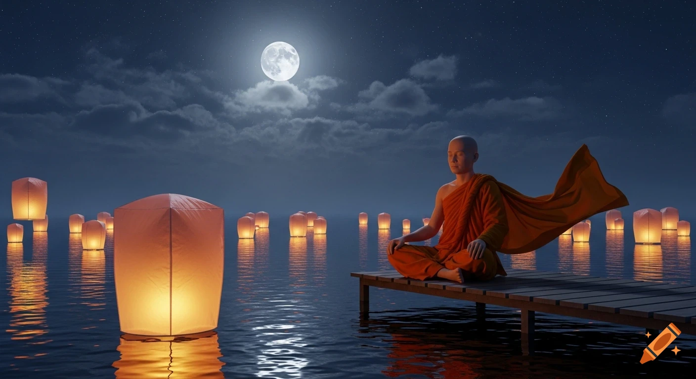 A monk meditates on a pier amidst glowing lanterns on calm water under a full moon at night, rendered in a hyper-realistic style.