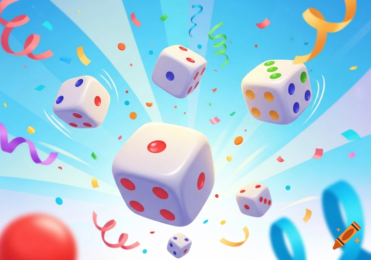 Cartoony white dice with colorful pips falling amidst confetti and ribbons against a blue background with light rays.