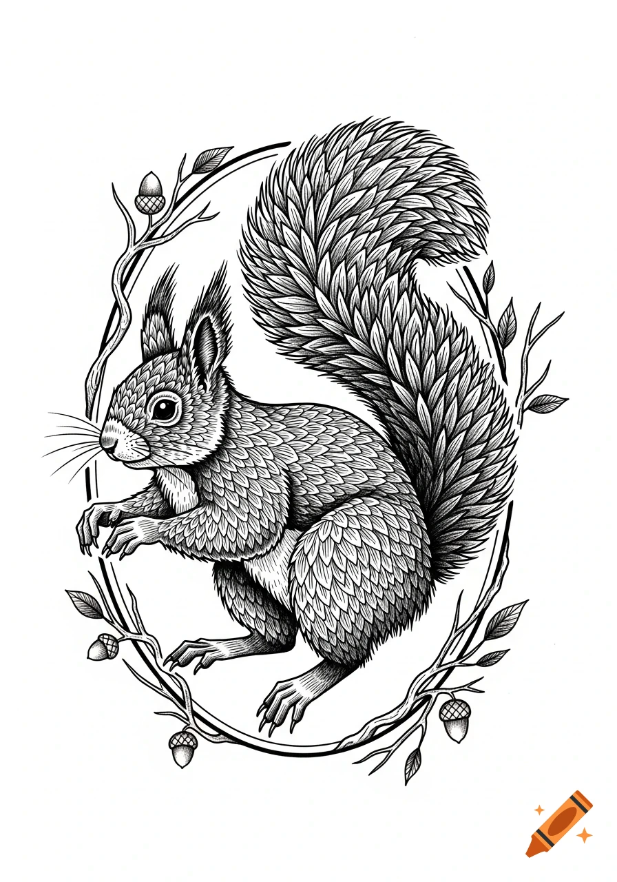 Blackwork illustration of a squirrel with a bushy tail, framed by branches and acorns on a white background.