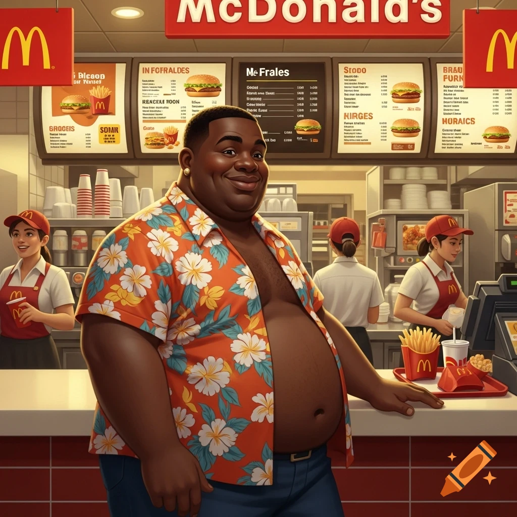 A smiling dark-skinned man in an open Hawaiian shirt stands at a McDonald's counter with two female crew members and menu boards in the background, a tray of fries and a drink next to him.