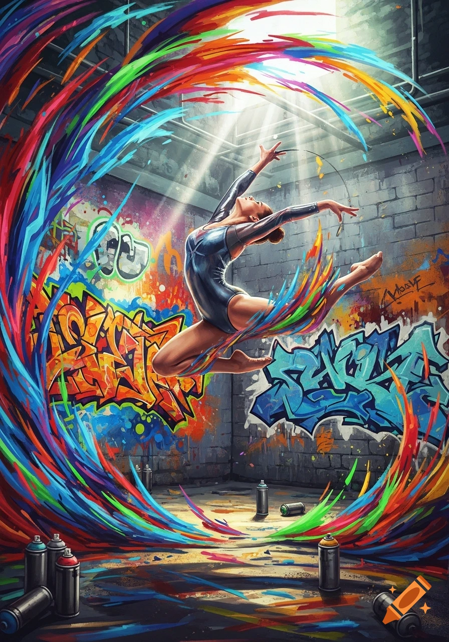 Dynamic illustration of a gymnast leaping, surrounded by vibrant paint splashes and colorful graffiti in an urban setting.