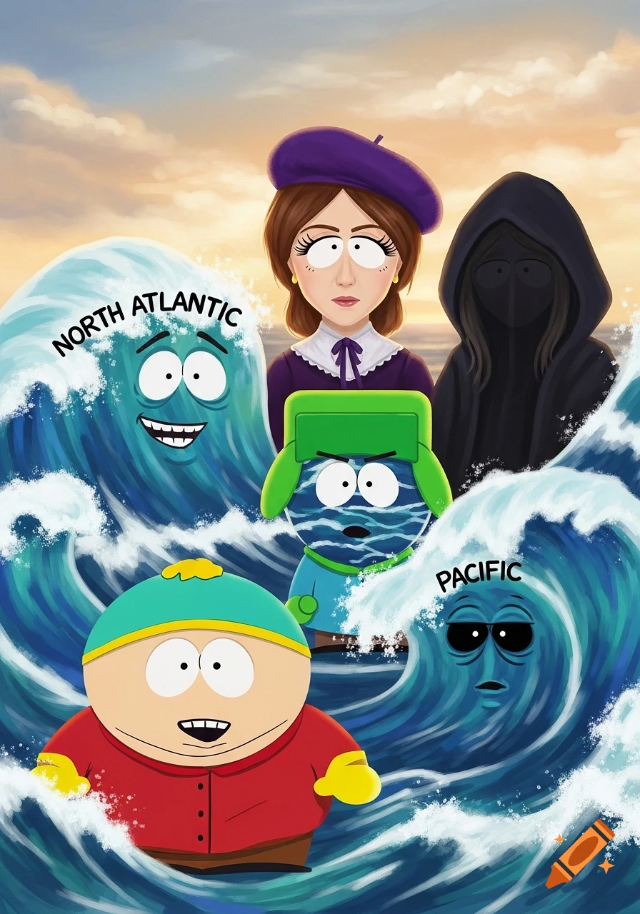 South Park characters Eric Cartman and Kyle, two women, and personified ocean waves labeled 'North Atlantic' and 'Pacific' under a cloudy sky.