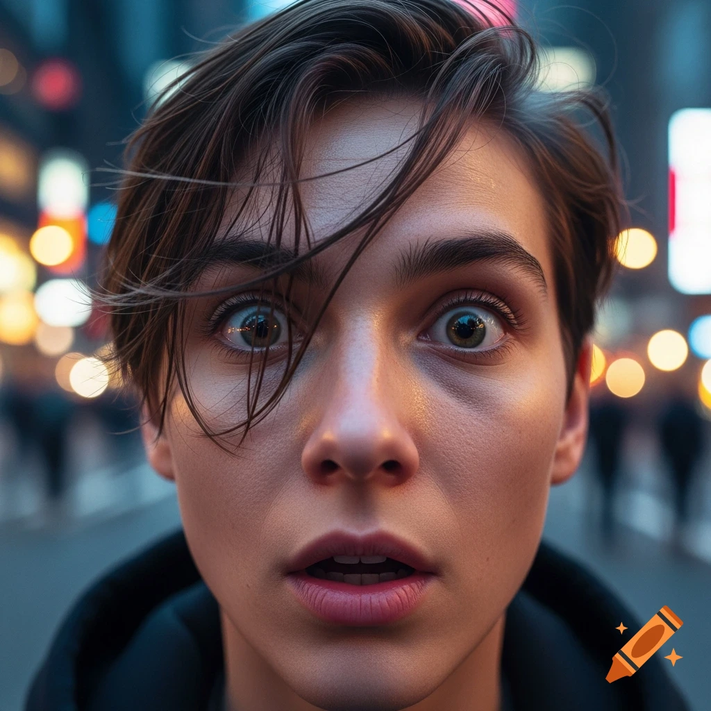 Photorealistic close-up of a person with wide, surprised eyes and open mouth on a blurred city street at night.