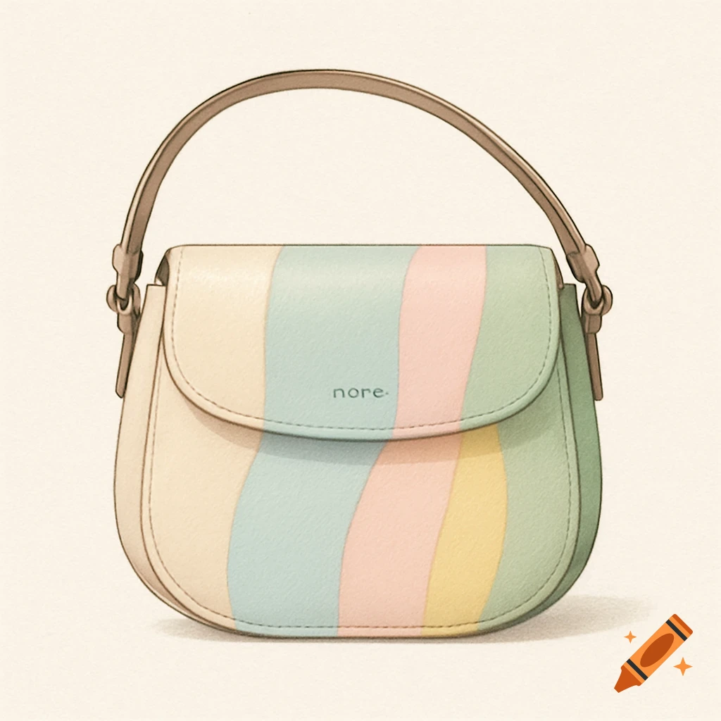 A fashion illustration of a pastel striped crossbody bag with a 'nore.' logo on the flap, featuring soft curves and vegan leather texture.