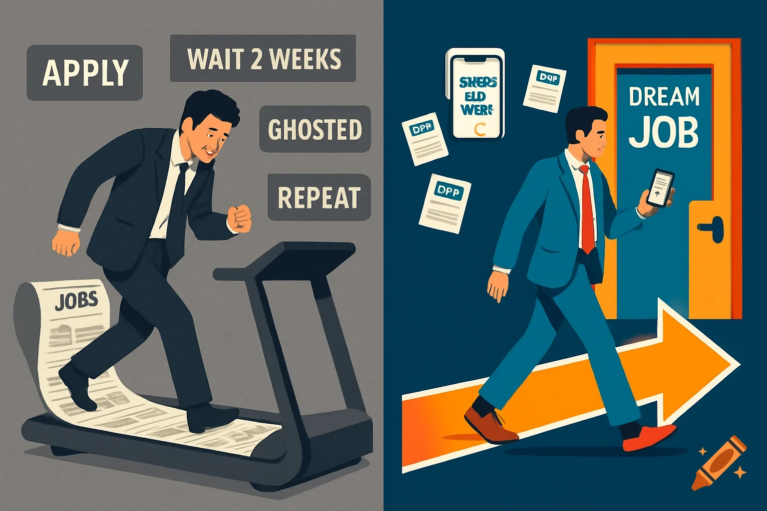 Two contrasting vector illustrations of job searching. Left: A man runs on a treadmill of job listings under signs "Apply", "Wait 2 Weeks", "Ghosted", "Repeat". Right: A man walks confidently on a bright arrow towards a "Dream Job" door, looking at a phone.