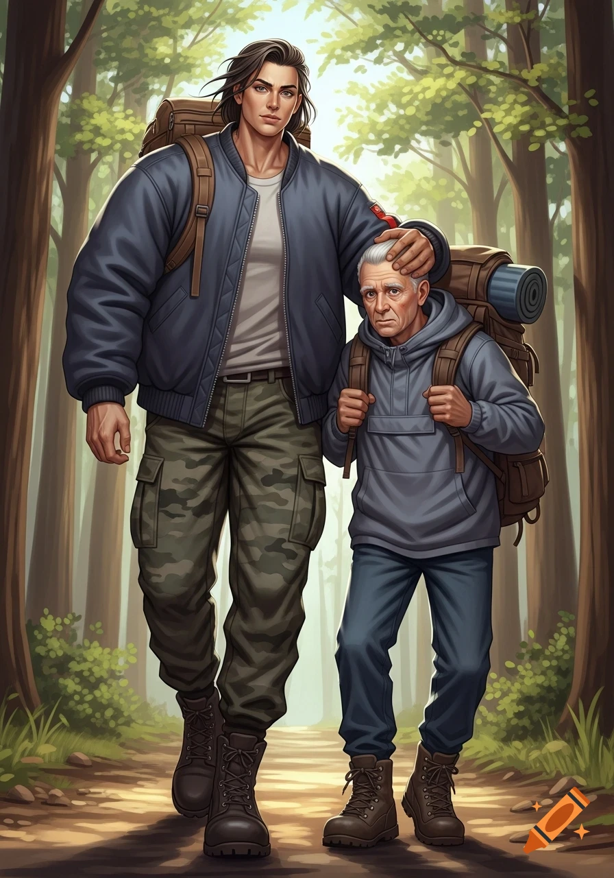 A tall, muscular man with a backpack walks with an older, anxious man with a backpack on a forest path, his hand resting on the older man's head. Stylized art.