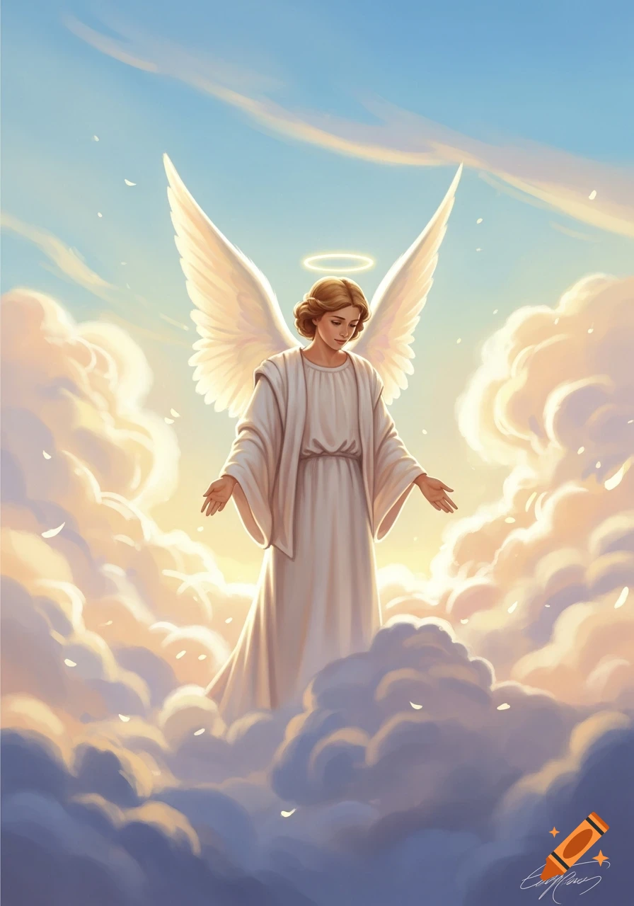 A serene angel in white robes with large wings and a halo stands among soft clouds under a bright blue sky, looking down.