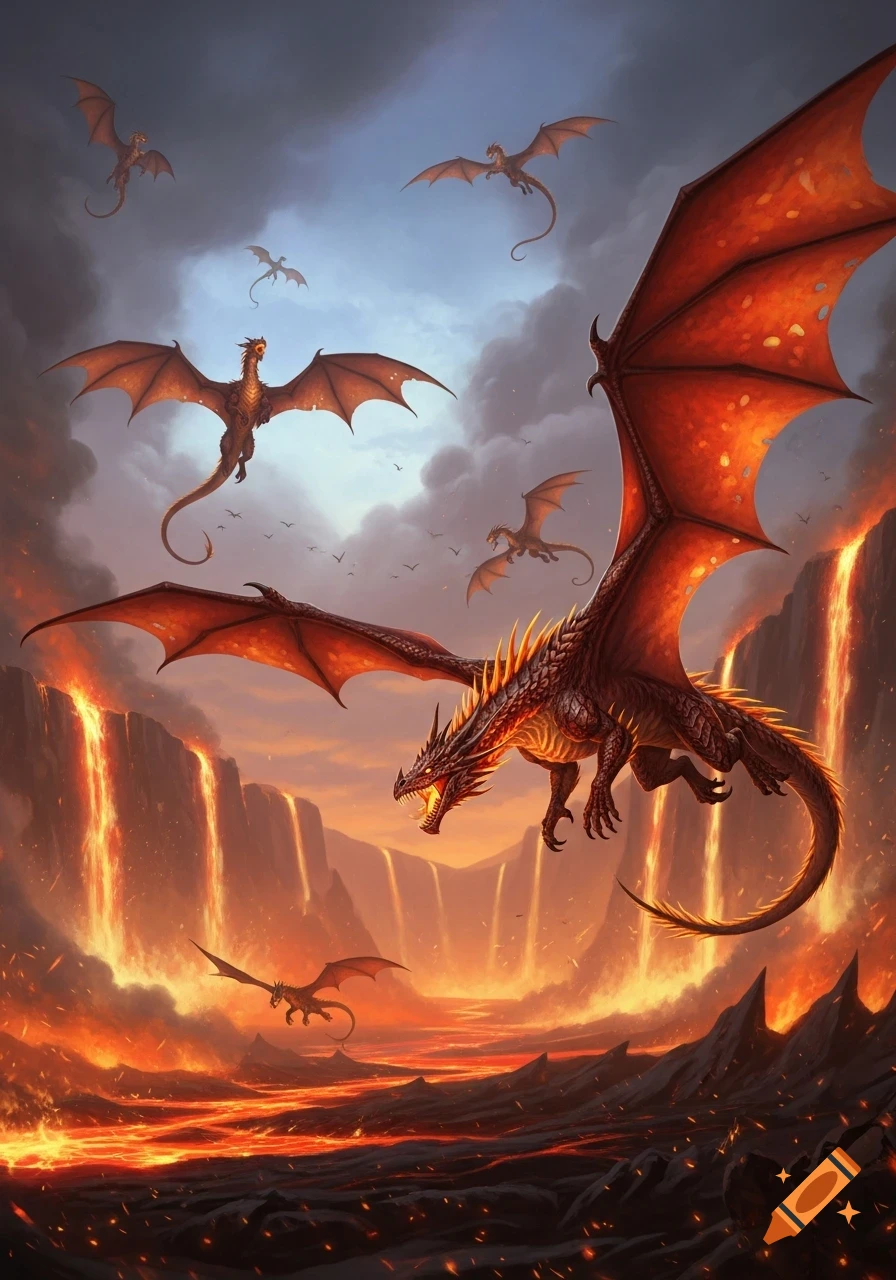 Multiple dragons with glowing wings fly over a dramatic volcanic landscape featuring lava waterfalls and rivers under a cloudy sky.