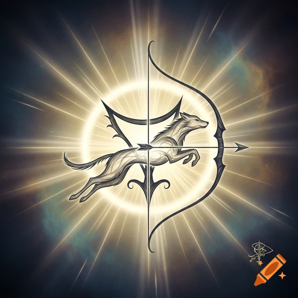 Stylized illustration of an abstract wild dog leaping through a glowing sun symbol, intersected by a bow and arrow.