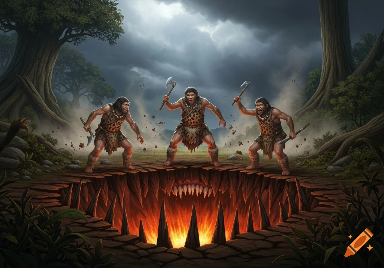 Three cavemen with axes stand at the edge of a fiery, toothy pit under a stormy sky in a fantasy setting.