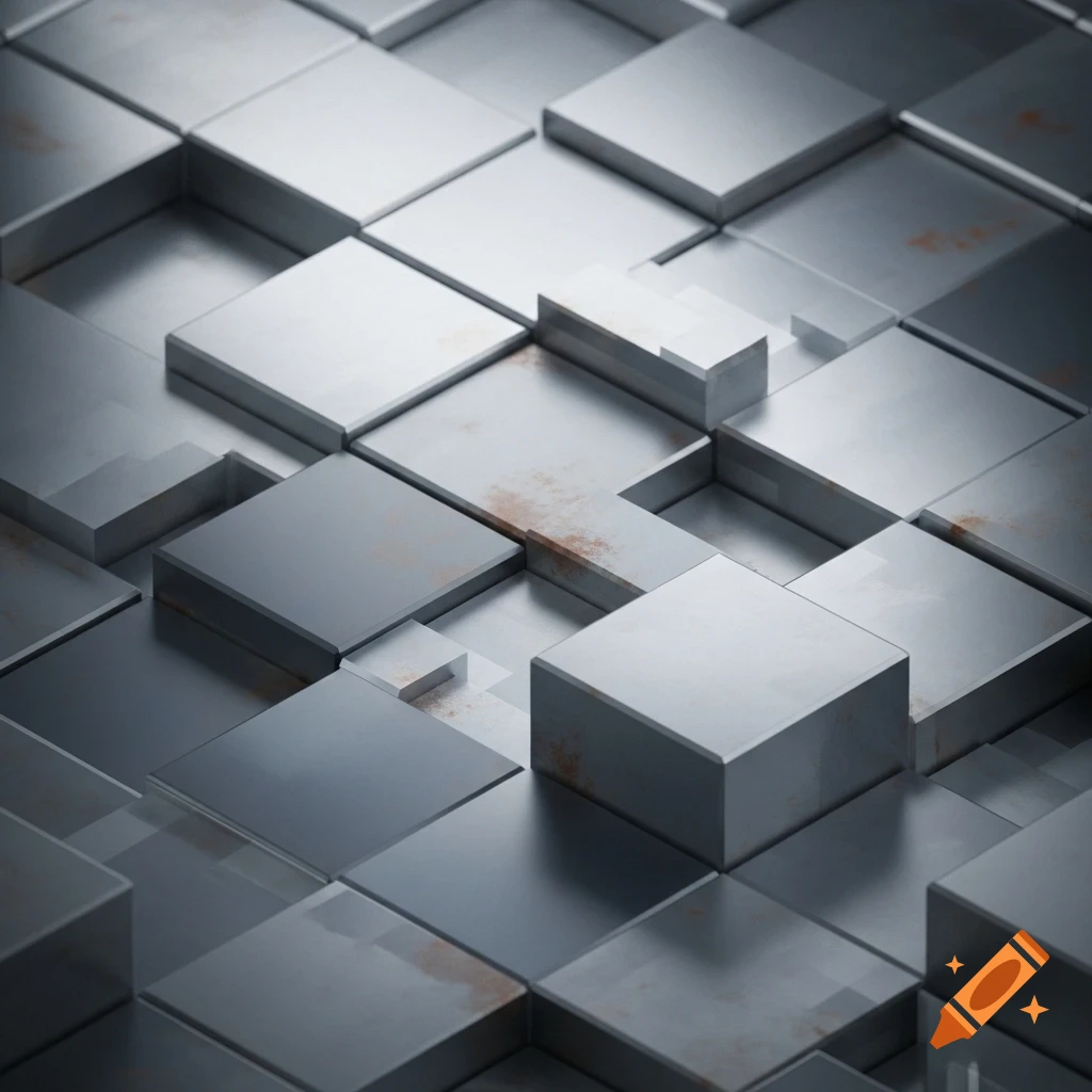 A close-up, abstract 3D render of raised and sunken metallic squares with some rusty spots and a reflective surface.