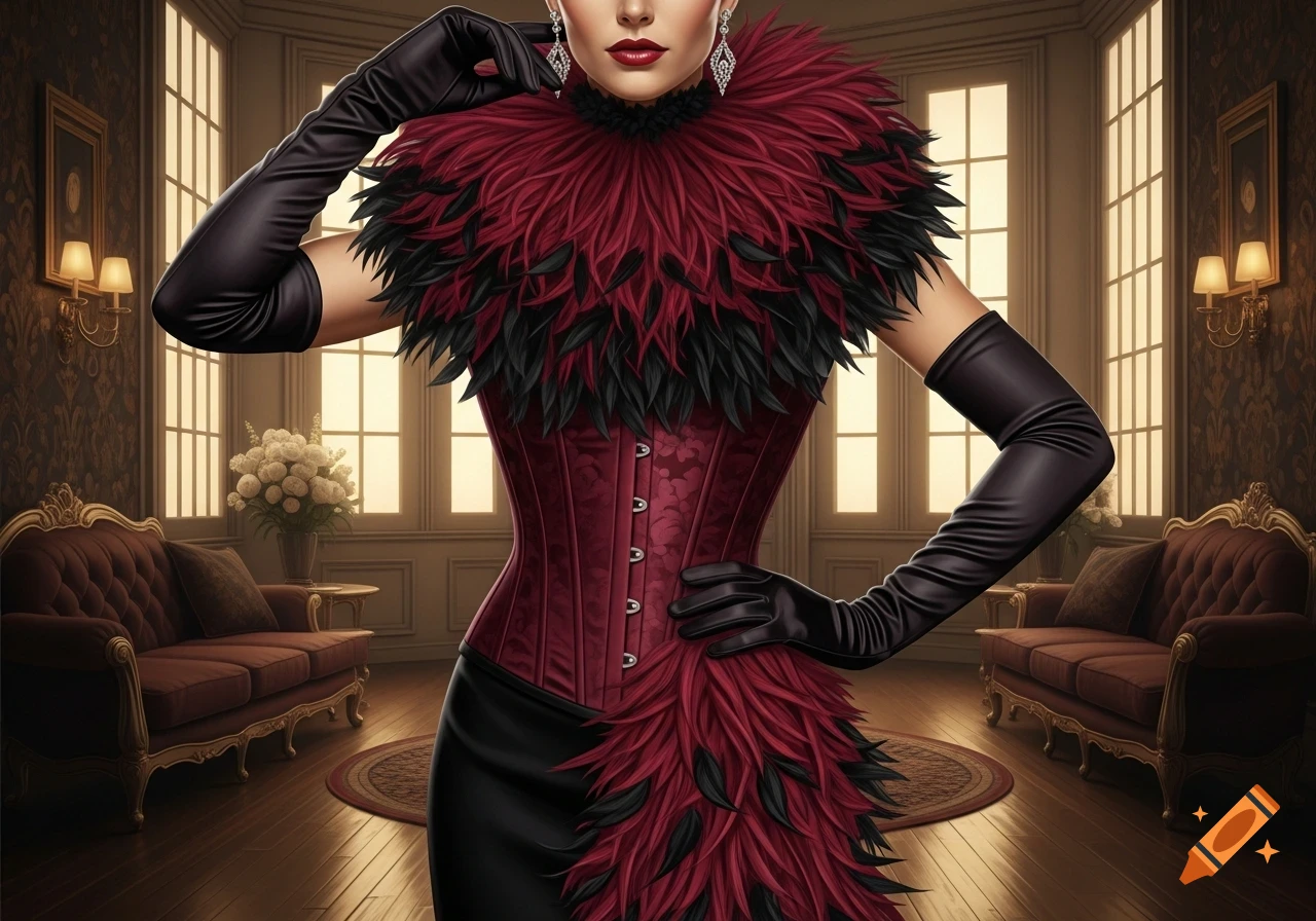 A woman in a burgundy corset, long black satin gloves, and a dramatic black and burgundy feather boa stands in an opulent room.