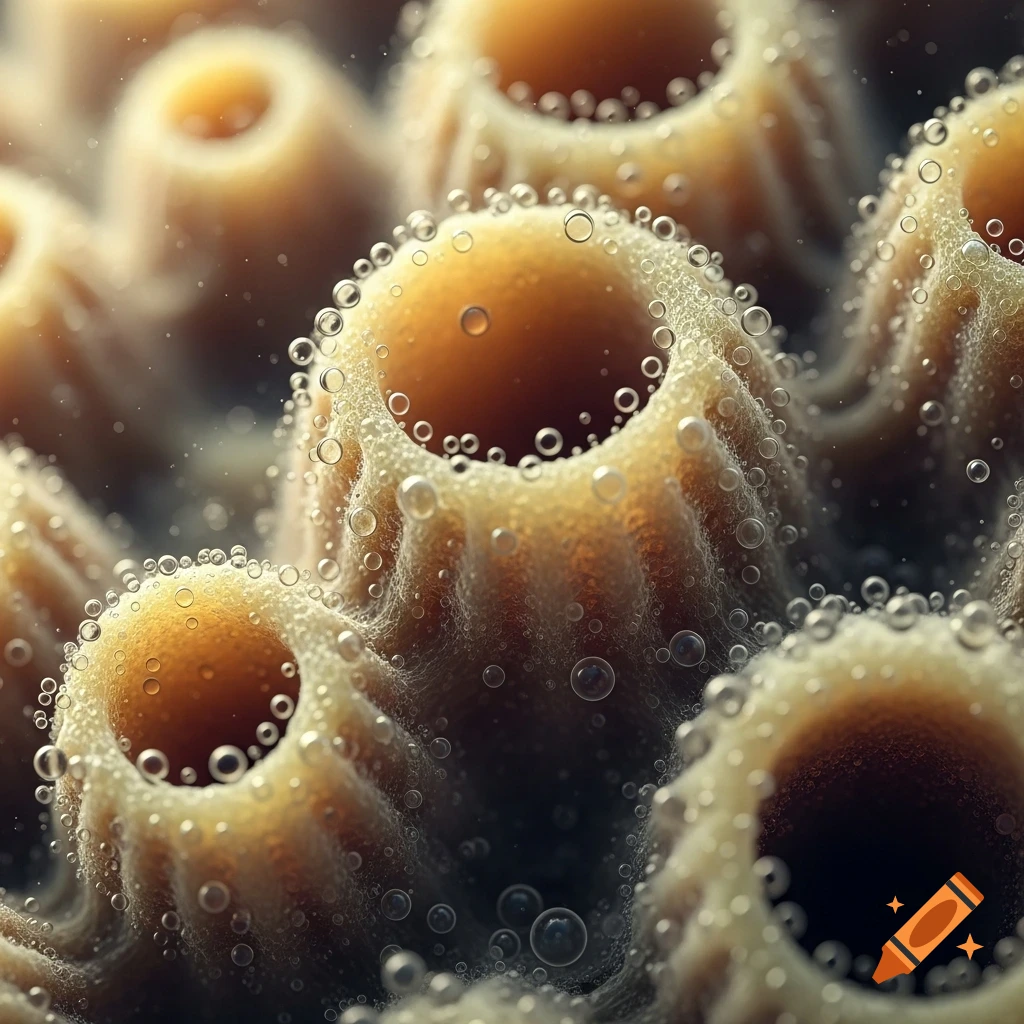 Detailed macro shot of textured yellowish sponge pores with many small bubbles.