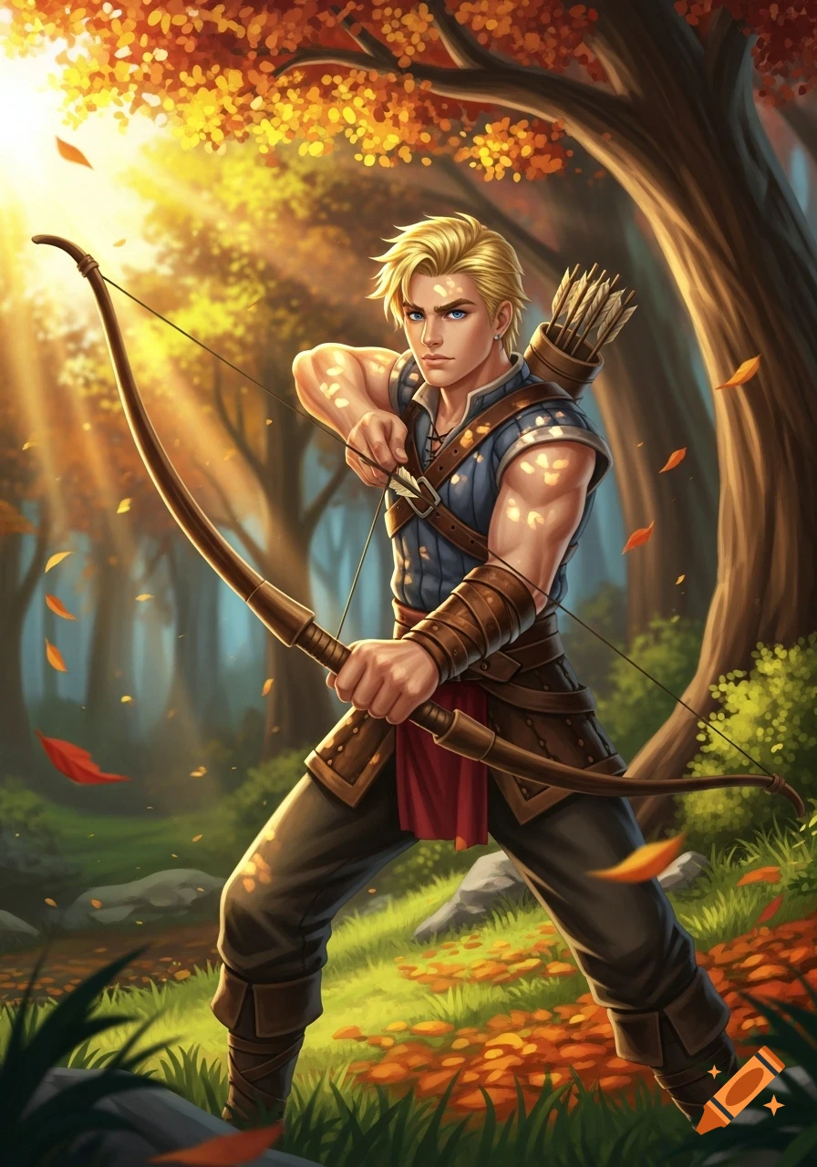 Blond male archer drawing a bow in a sunlit autumn forest, digital illustration.