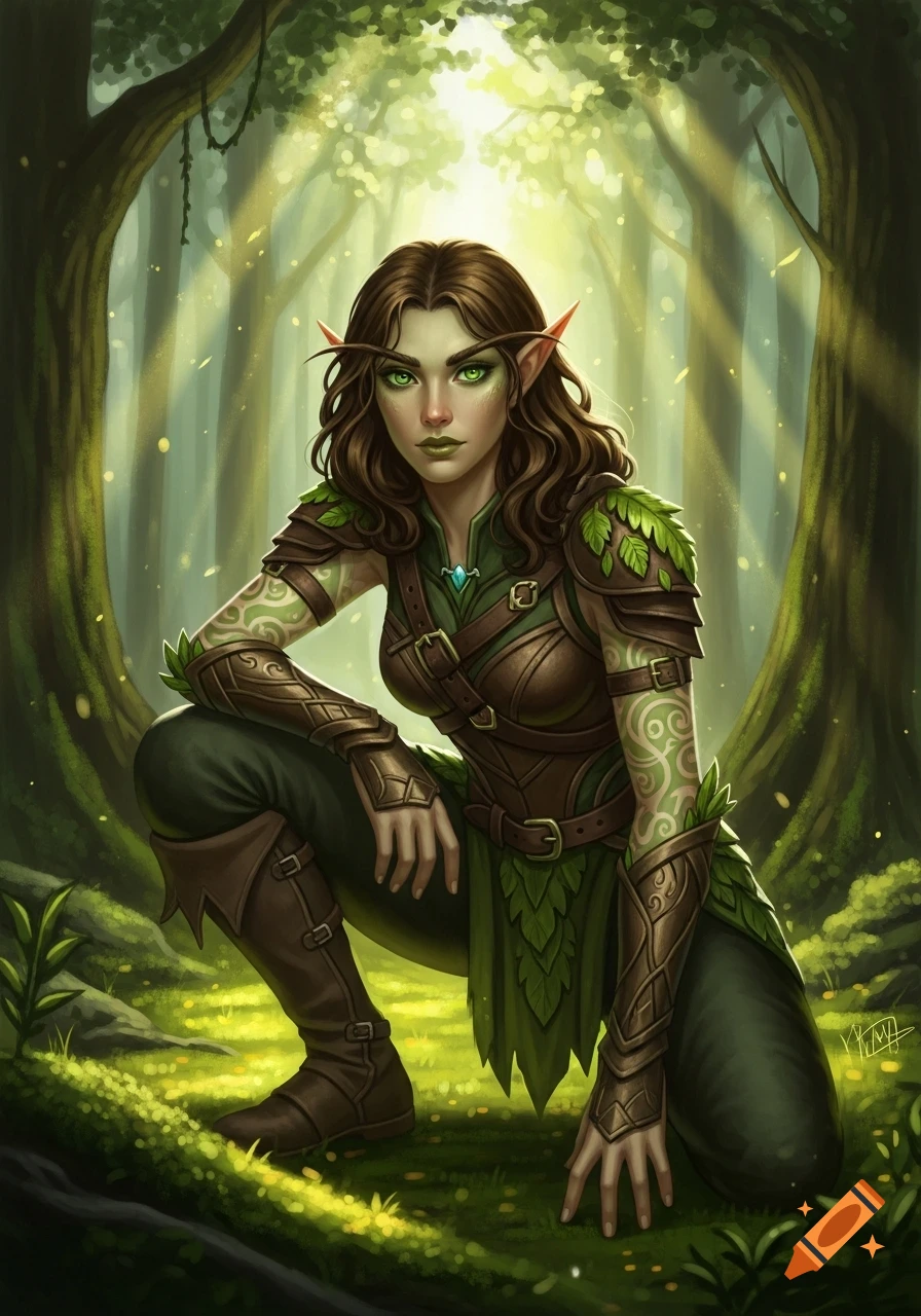 A fantasy wood elf ranger with brown hair, green eyes, and greenish skin, crouching in a sunlit forest.