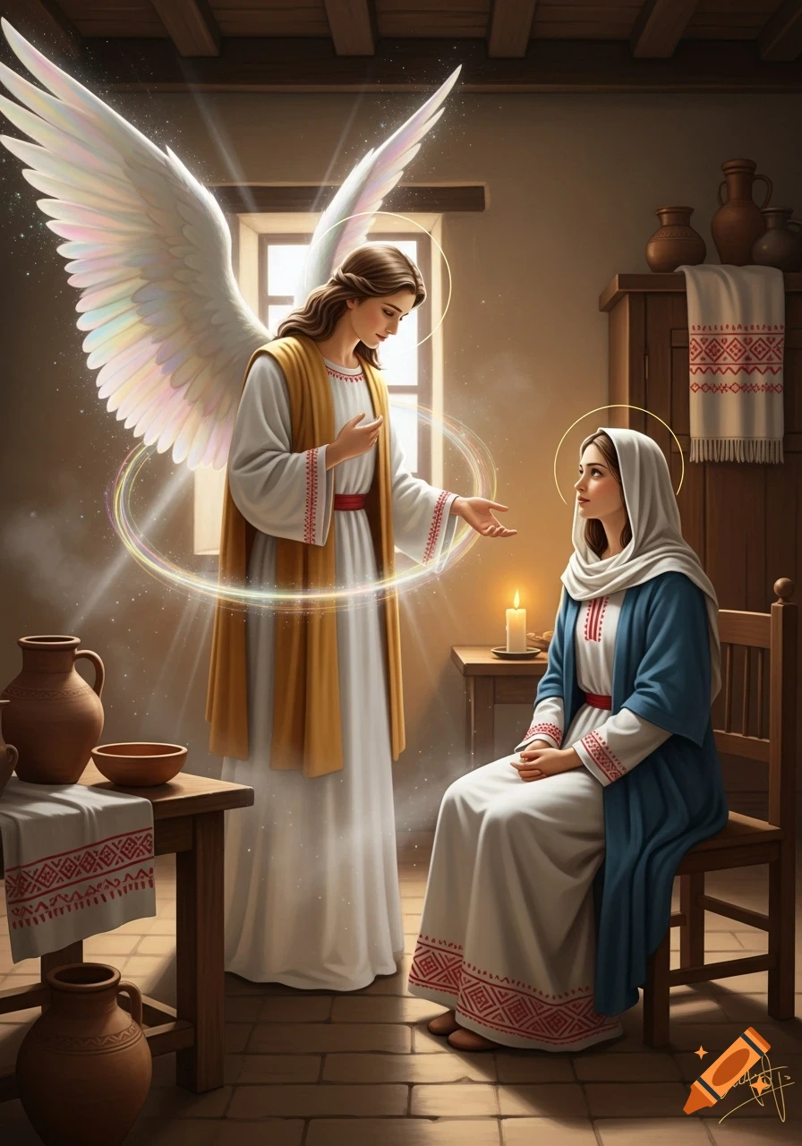 Angel Gabriel with large luminous wings speaks to Mary, who sits attentively in a humble room bathed in soft light.