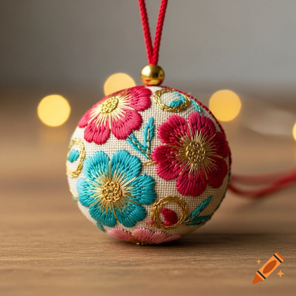 A spherical embroidered ornament with vibrant red and turquoise floral patterns and gold details, hanging by a red string on a wooden surface with bokeh lights.