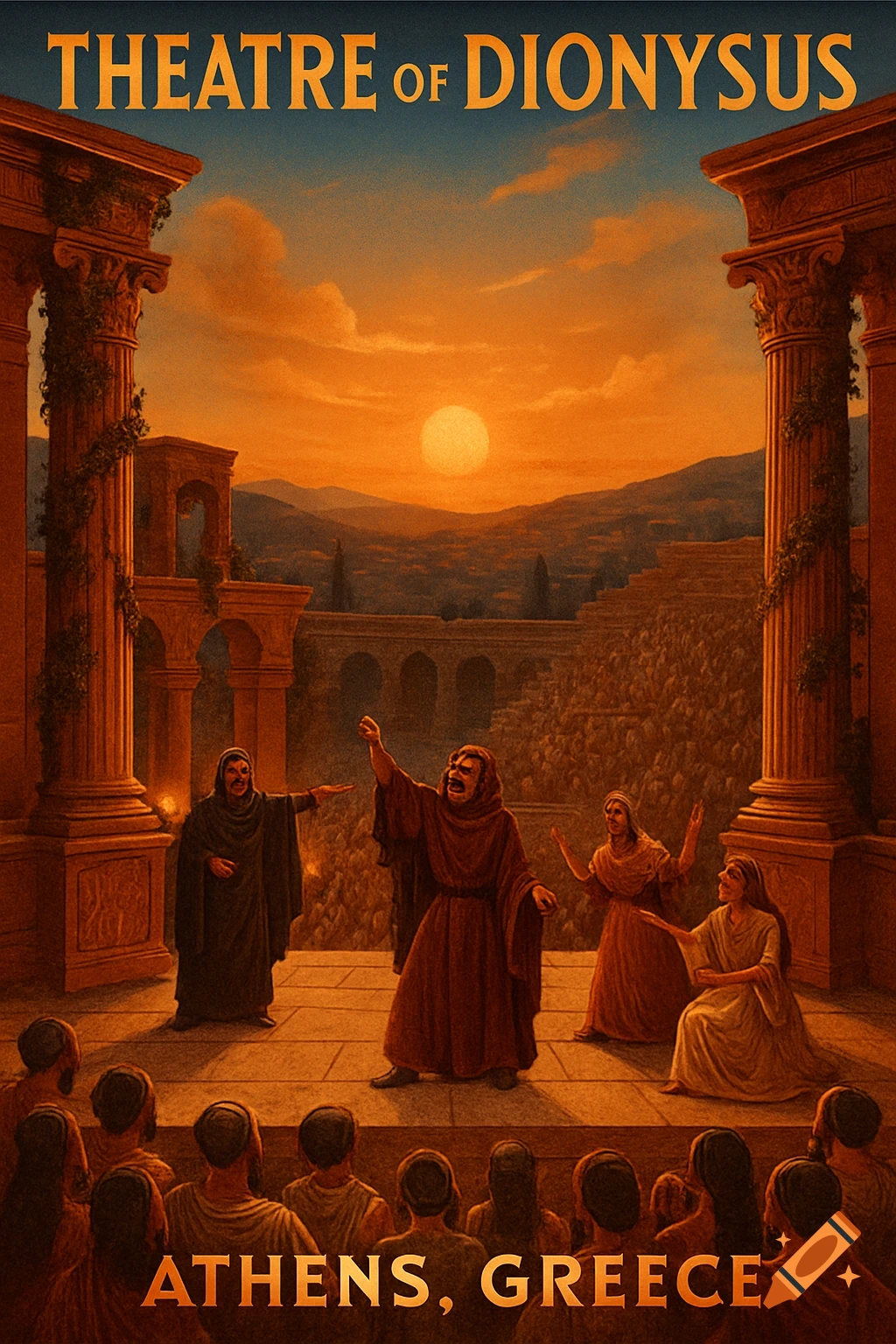 A poster-style illustration of a play at the Theatre of Dionysus in Athens during sunset, with actors on stage and an audience.