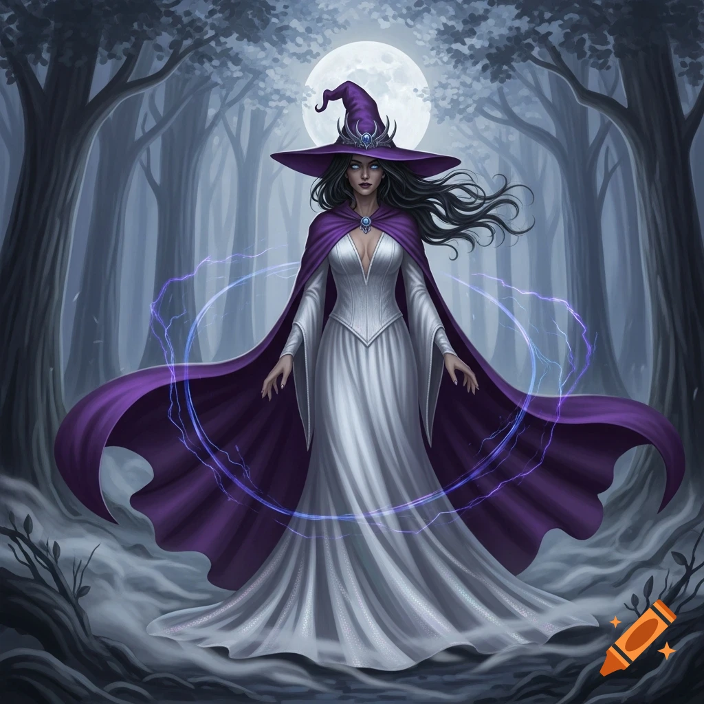 A witch in a white dress and flowing purple cape stands in a dark, misty forest under a full moon, encircled by glowing blue magic.