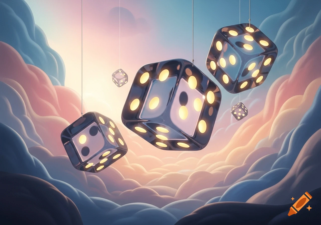 Surreal illustration of reflective dice with glowing pips floating in a soft, colorful cloudy sky.