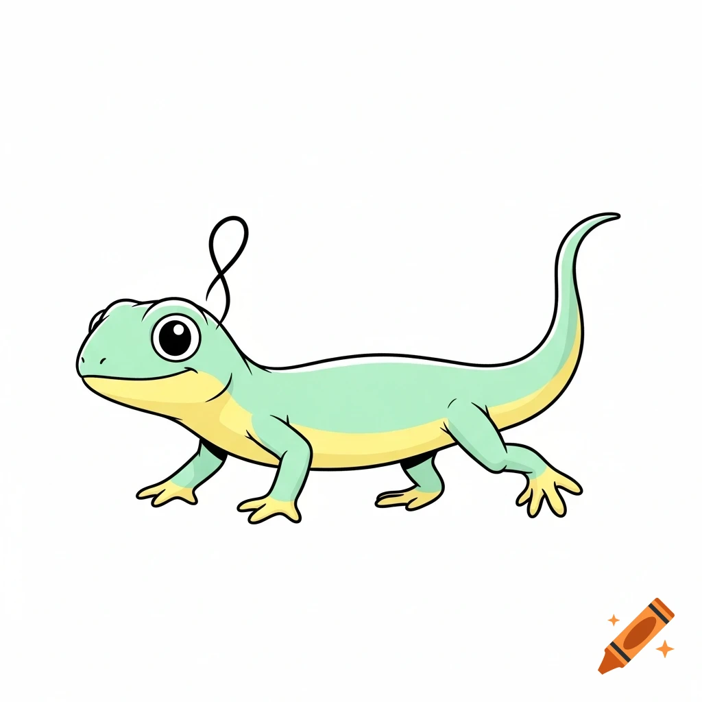 Cute 2D cartoon lizard with a light green back and yellow belly, walking on a white background.