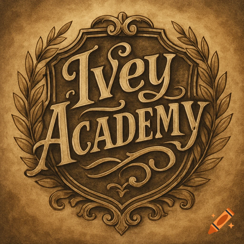 A vintage, ornate emblem in sepia tones with the text 'Ivey Academy' stylized on it, surrounded by laurel wreaths.