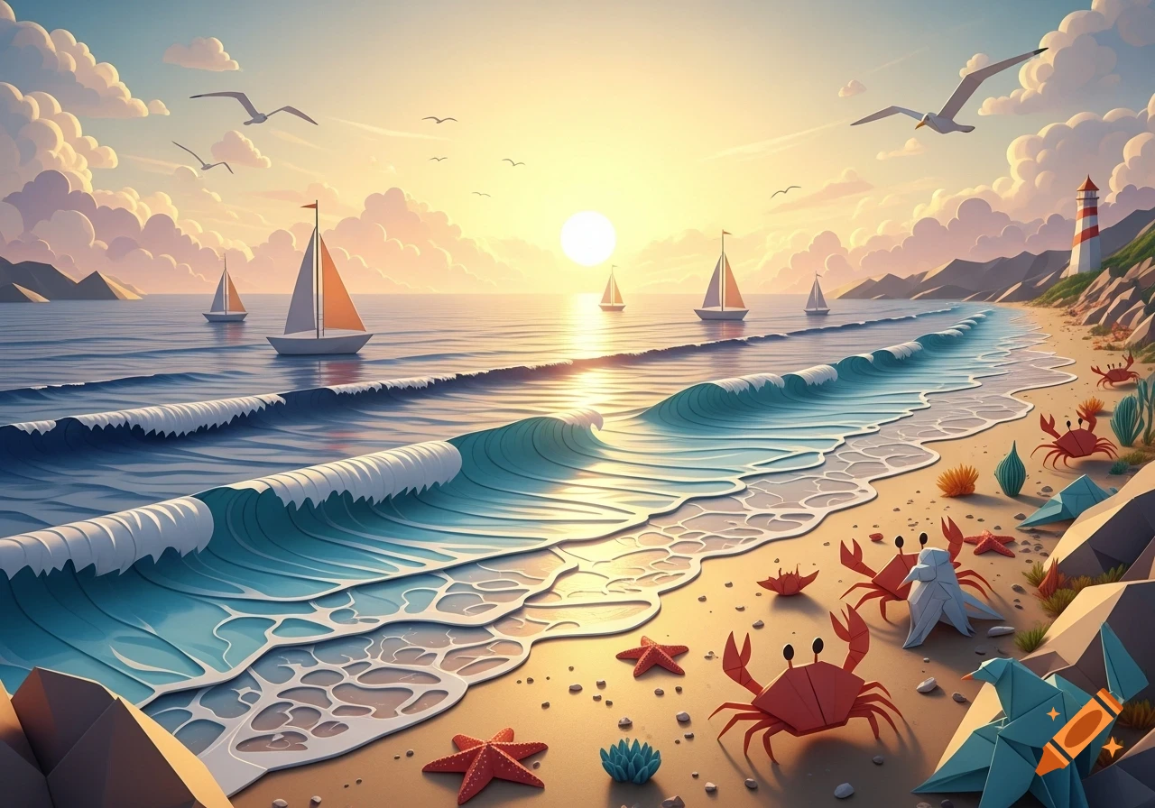 An origami ocean shore scene with sailboats, paper waves, crabs, and starfish on the beach at sunset.