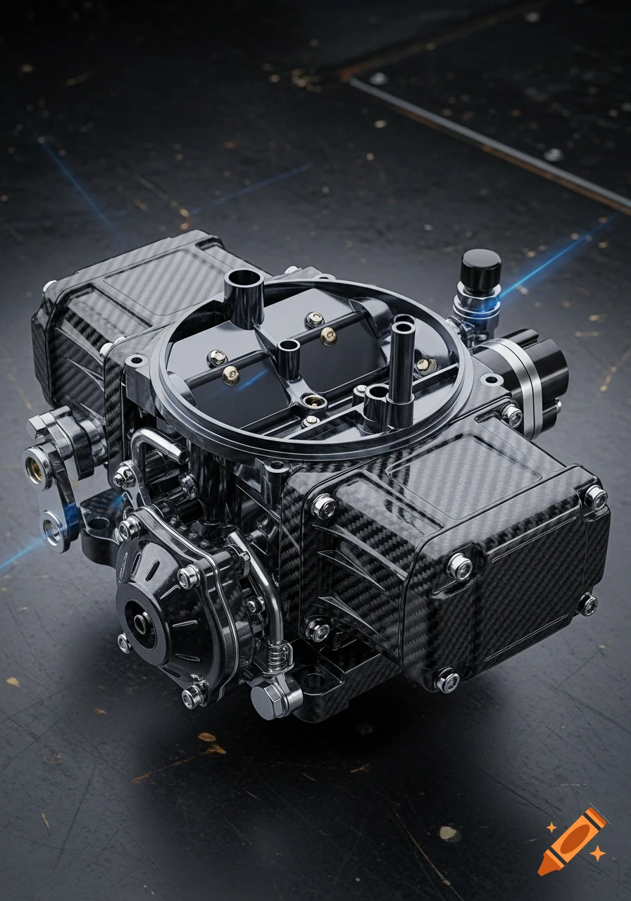 Photorealistic carbon fiber carburetor on a dark surface, illuminated by blue light.