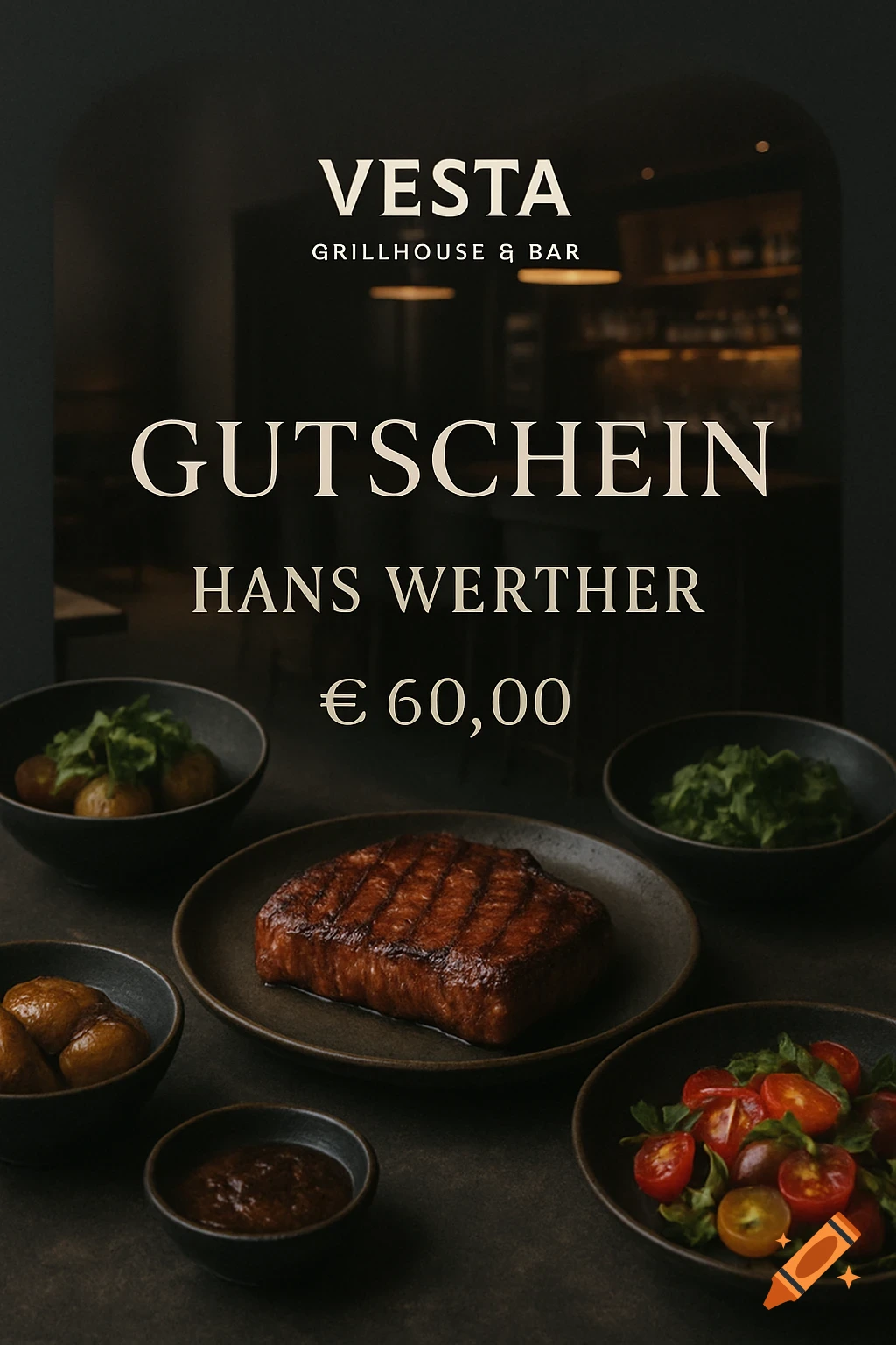 A restaurant gift voucher for Vesta Grillhouse & Bar, showing a grilled steak, side dishes, and text "Gutschein Hans Werther ", " € 60,00".