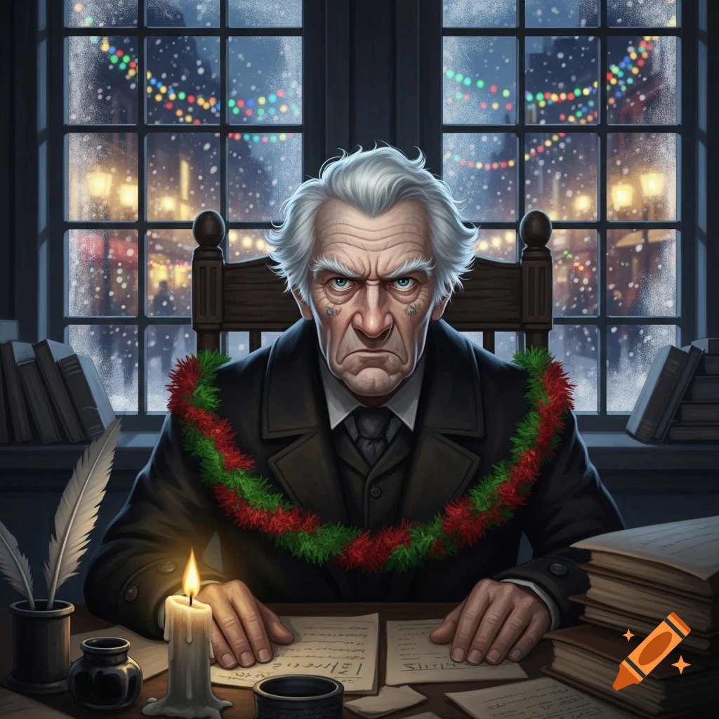 Grumpy old man resembling Scrooge with white hair and a red and green garland, at a desk with a candle and papers, snowy window in background.