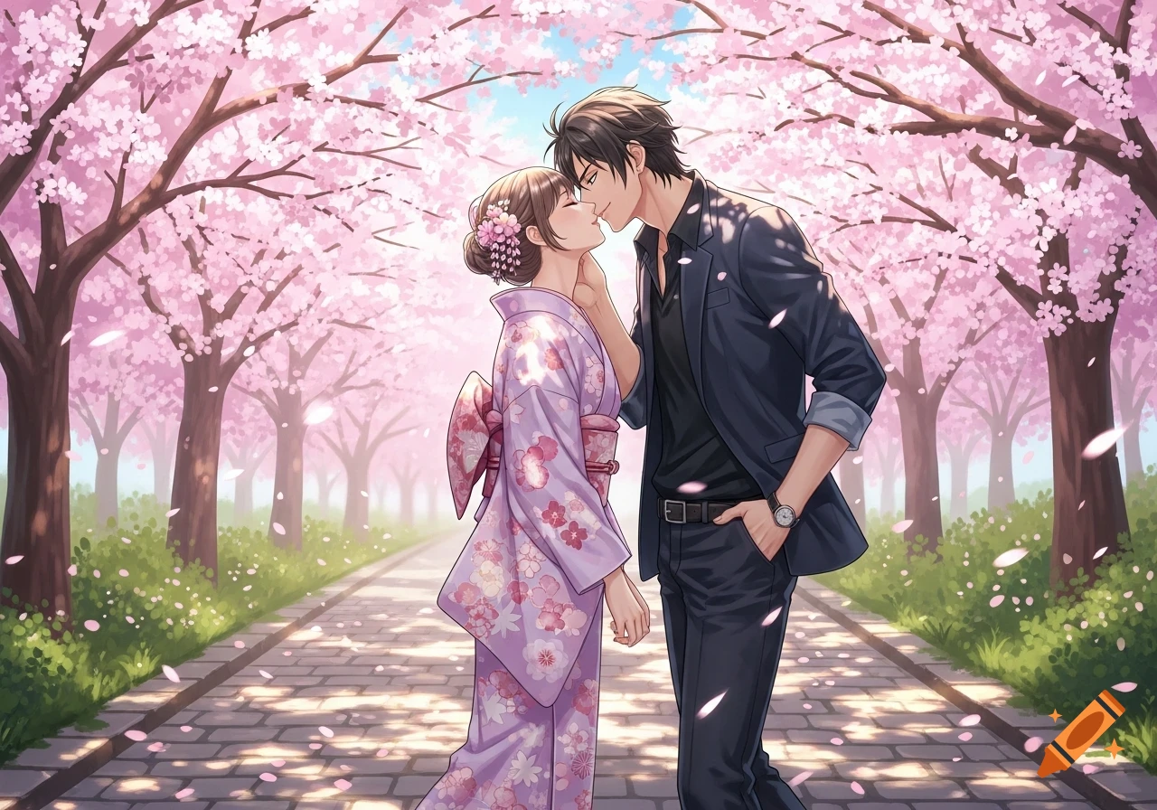 Anime couple in a romantic embrace under a canopy of pink cherry ...