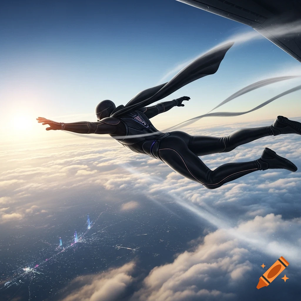 A person in a black futuristic suit and cape flies through the sky above clouds and a city at sunset.