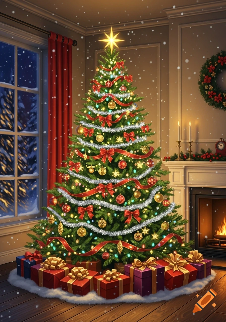 A brightly lit Christmas tree with red ribbons and ornaments stands in a cozy room with a fireplace and presents. Snow outside.