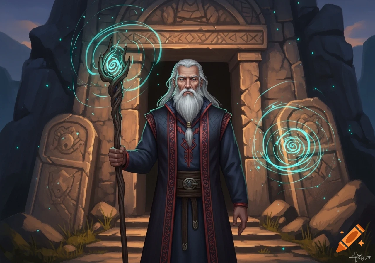 A white-bearded mage holds a glowing magic staff before an ancient stone tomb.