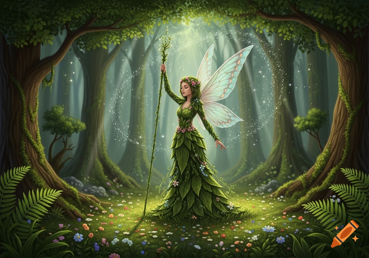 Whimsical fairy in a leafy green dress and translucent wings holding a staff in an enchanted forest with wildflowers and sparkling light.
